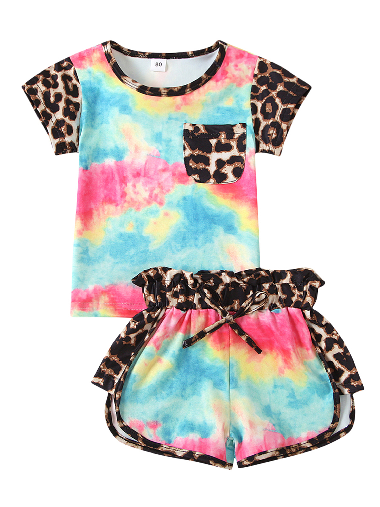 Toddler Kids Baby Girl Summer Outfits Short Sleeve T Shirt Top Leopard Shorts Pants Clothes Set