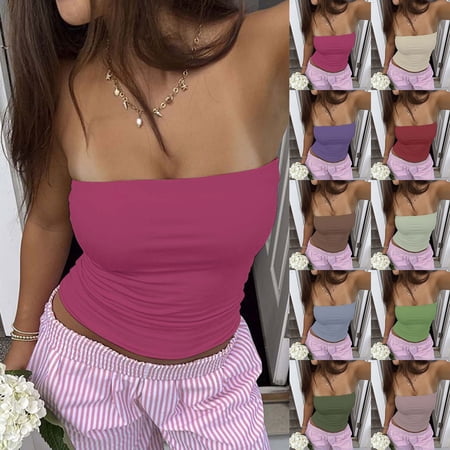 THDHVS Strapless Bras for Women Push Up Bra Solid Color Bandeau Bra Double Layer Strapless Comfortable for Casual Wear Hot Pink