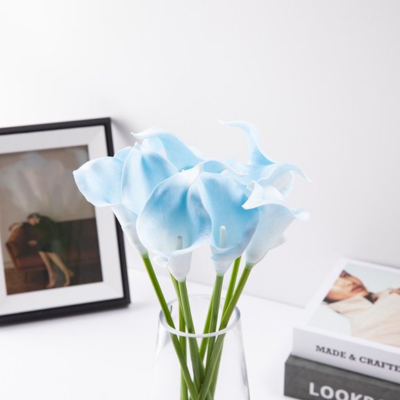 ERDOUY 10 Pcs 13.8IN Light Blue Artificial Calla Lilysm Bulk Faux Flowers for Indoor Home Decor