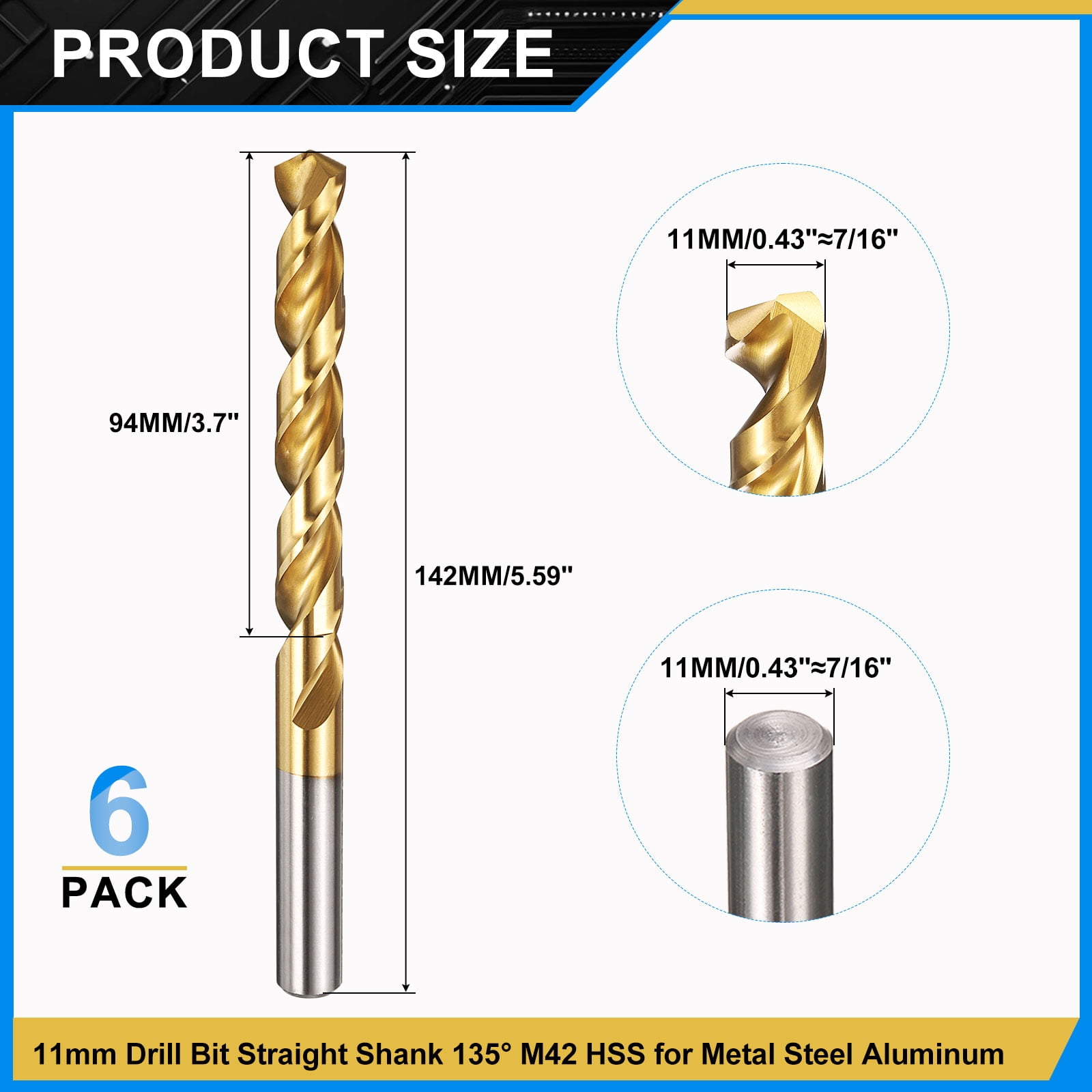 Uxcell 11mm Drill Bit, M42 8% Cobalt High-Speed Steel Jobber Straight Shank 135° Titanium Nitride (TiN) Coated for Hard Metal Stainless Steel - 6 Pack