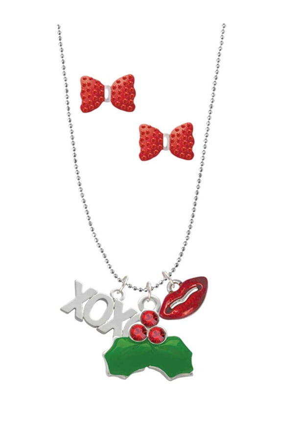 Silvertone XOXO Christmas Kiss Charm Necklace and Stud Earrings