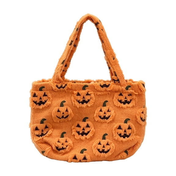 Halloween Pumpkin Tote Bag, Fuzzy Shoulder Handbag, Reusable Soft Knitted Shopping Tote, Medium Size Spacious Compartment, Comfortable Elastic Fabric, Perfect for Fall Festival and Daily Use