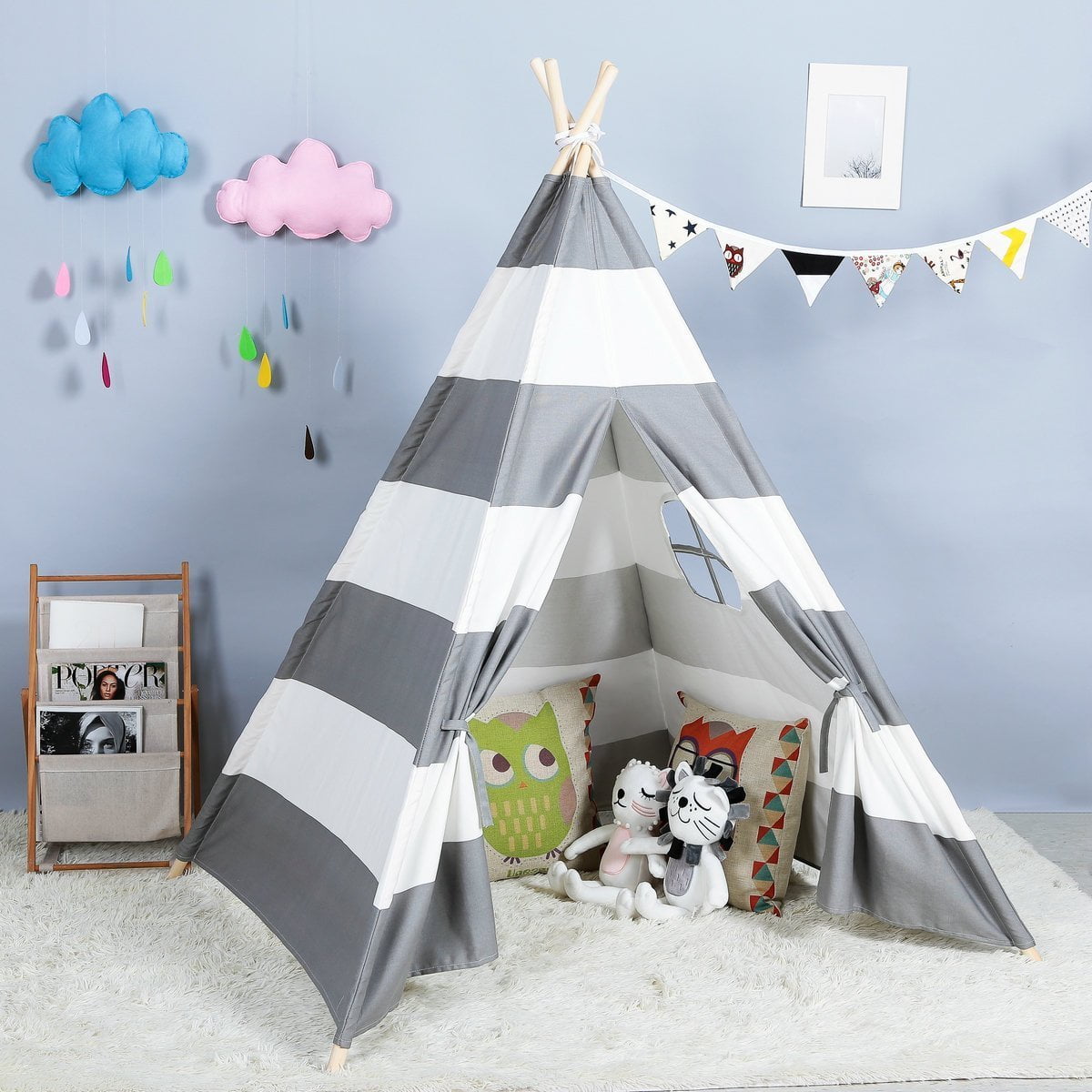 DalosDream Teepee Tent for Kids-100% Natural Cotton Canvas Children Tent-Grey Striped 