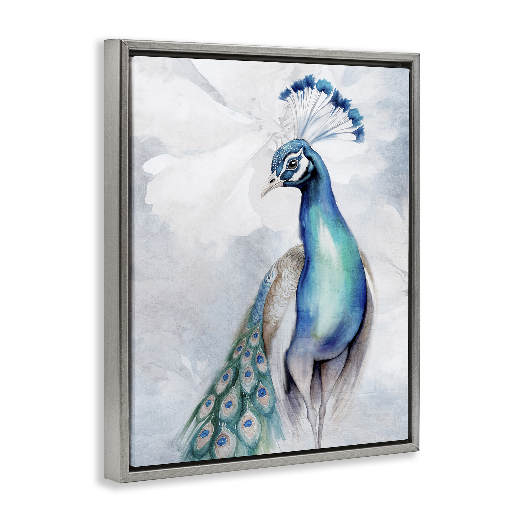 Stupell Industries Soft Elegant Peacock Portrait Animals Painting Gray Floater Framed Canvas Art Print Wall Art, 25 x 31