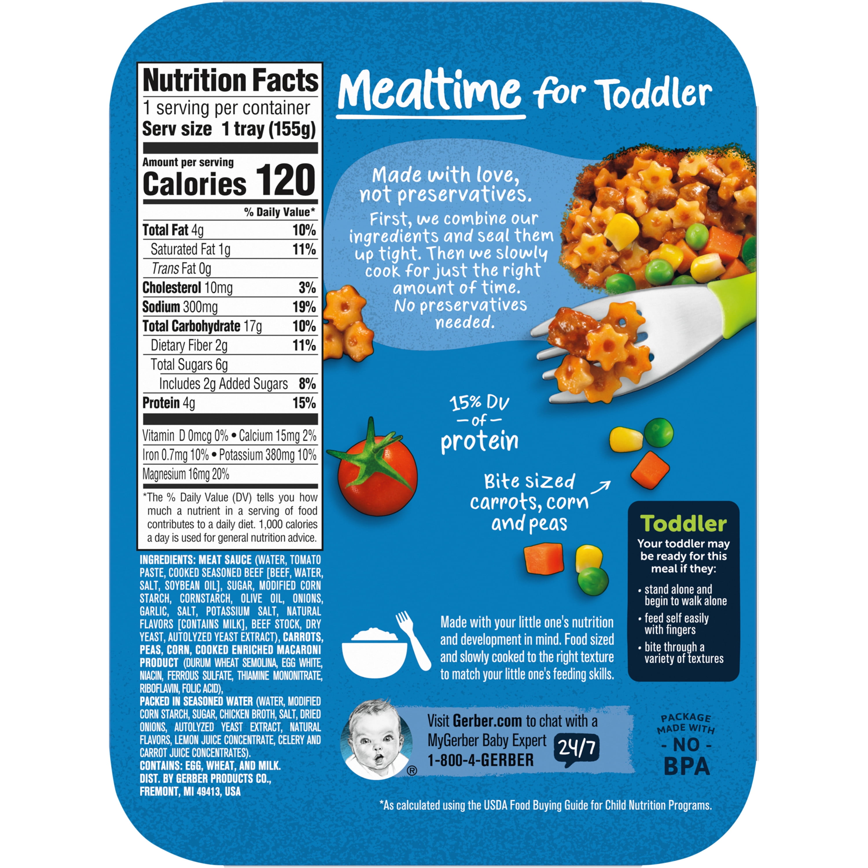 (8 pack) Gerber Mealtime for Toddler, Pasta Stars in Meat Sauce and a side of Mixed Vegetables, Toddler Food, 6.8 oz Tray