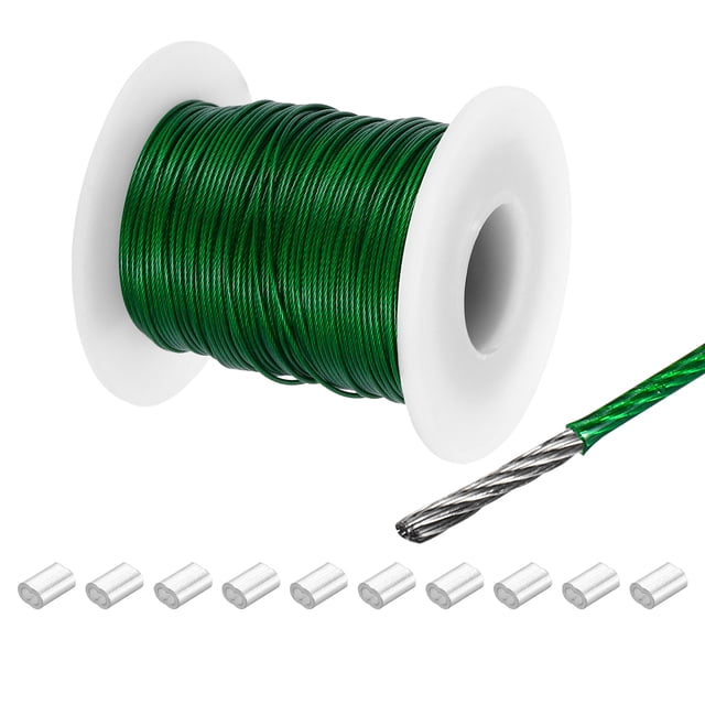 164Ft Wire Rope 304 Stainless Steel Cable 1/32" Vinyl Coated with 10pcs Aluminum Sleeves Green