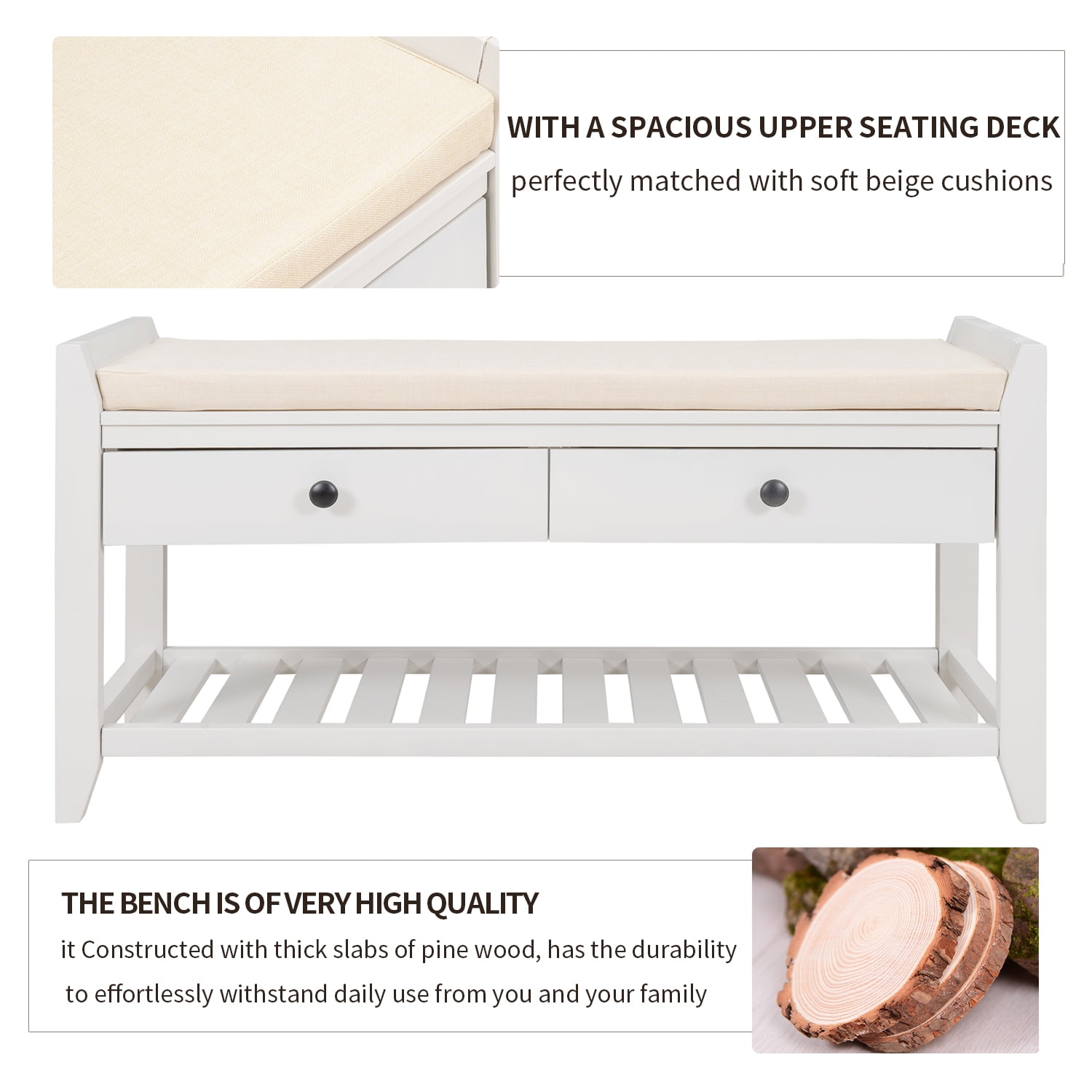 DEALTOPS Vintage Storage Bench with 2 Drawers and Soft Cushion, Multipurpose Shoe Rack for Entryway - White