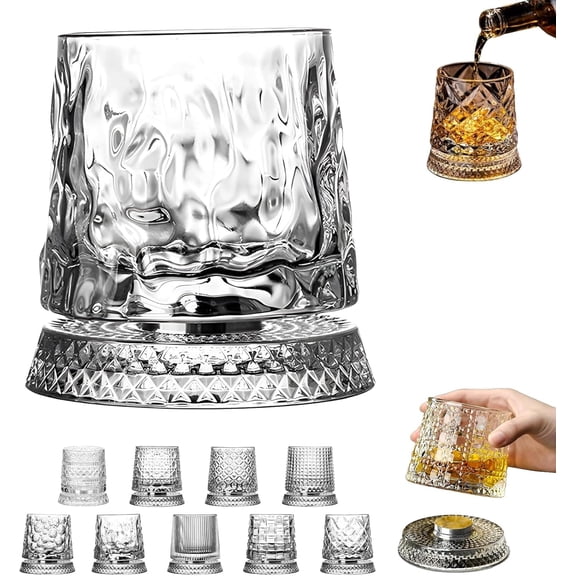 Leutsin Rotatable Tumbler Crystal Glass Cups - 360 Degree Rotating Whiskey Glass Set with Spinning Base,Creative Old Fashioned Glasses for Rum,Cocktail,Brandy,Coffee,Milk,Ideal Gift for Man Womem