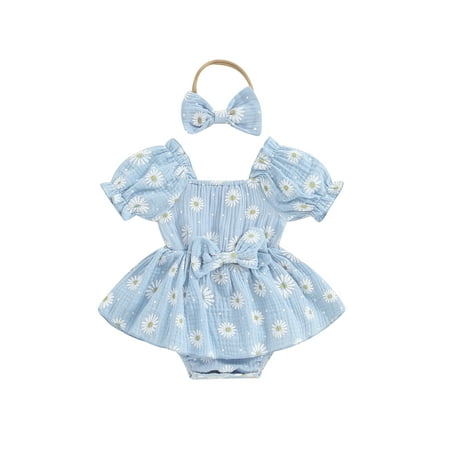 

Wilcliar Infant Baby Girls Romper Dress Summer Short Sleeve Daisy Print Sweet Romper with Headband