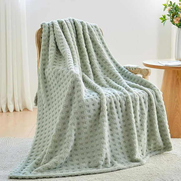 shiyou-Super Soft Throw Blanket Green Premium Silky Flannel Fleece 3D Waffle Checkered Lightweight Bed Blanket All Season Use (Sage Green, Throw(50"x70"))
