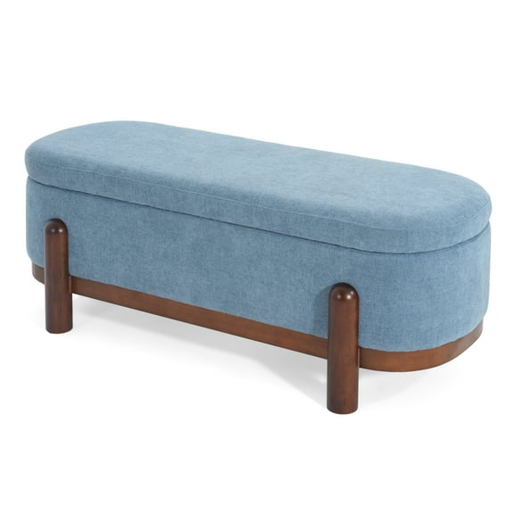 Christopher Knight Home Upholstered Oval Storage Ottoman Bench with Solid Wood Frame, Blue Brown