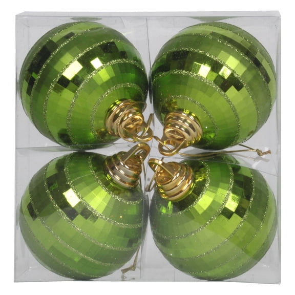 Vickerman 4" Lime Shiny and Matte Mirror Ball Christmas Ornament with Glitter Accents, 4 per Box