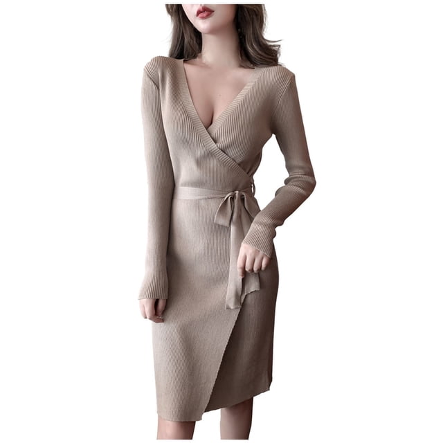 Pompotops Robe Sexy à Manches Longues Col en V Irrégulière à Lacets Tricotée