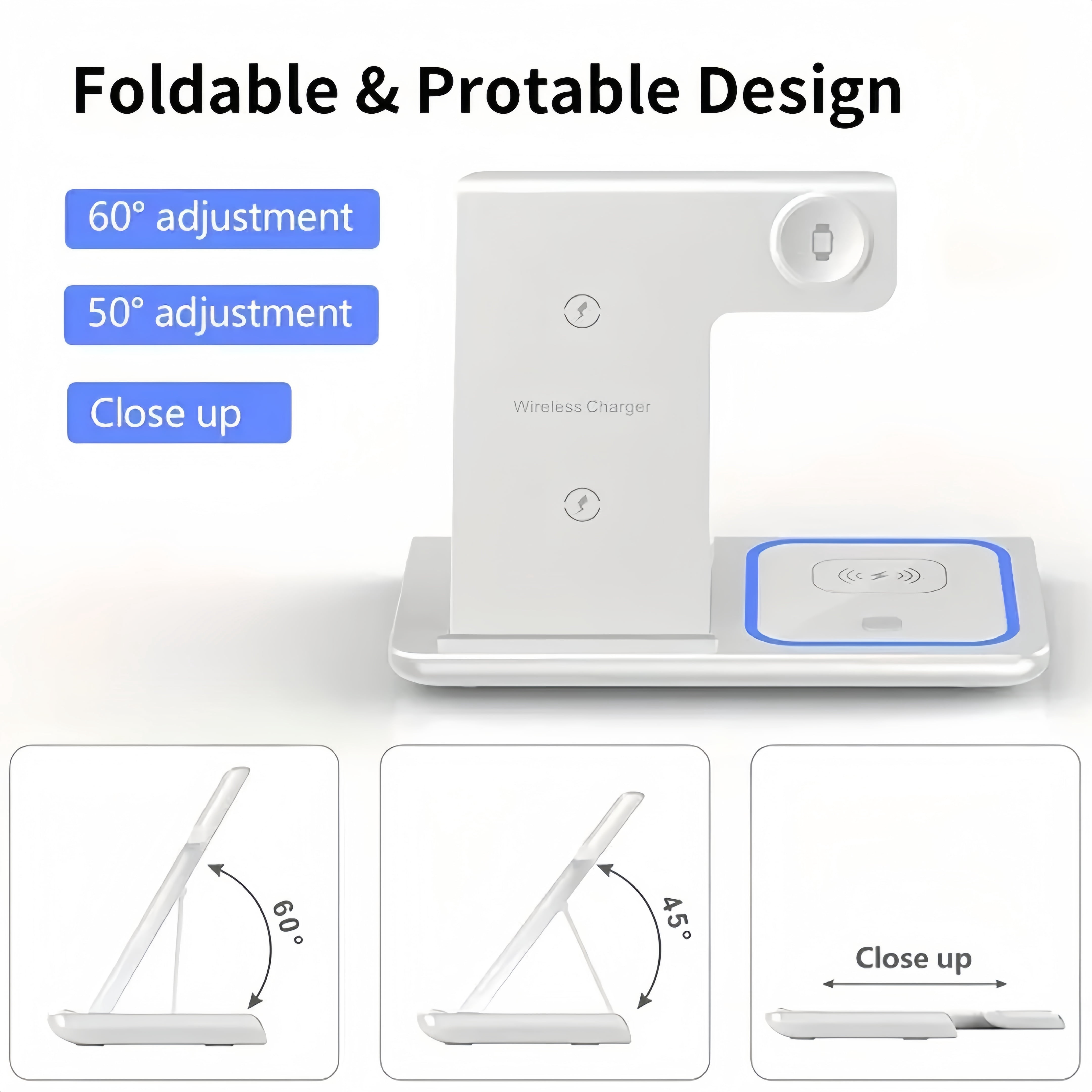 3-in-1 Wireless Charger: Fast Charge for iPhone/Apple Watch/AirPods – Foldable, White