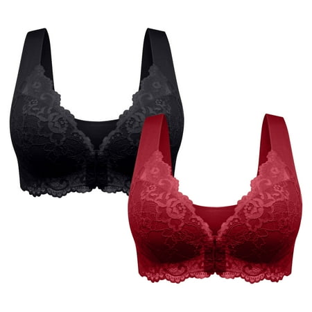 miqiqism 2 Pack Bra for Women Comfy Full Freedom Bras Trendy Front Closure Push up Brassiere with Lace Juniors Solid Comfort Easy on Underwear Black Large