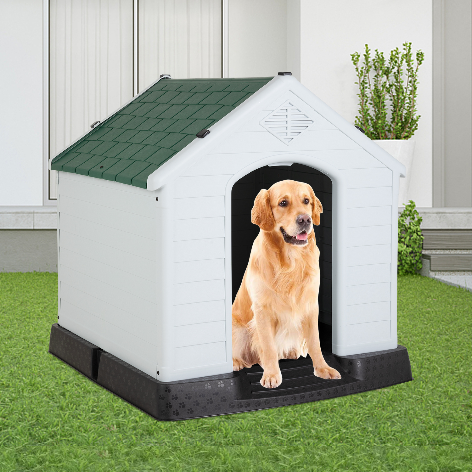 Large Dog House Plastic Dog Kennel Indoor Outdoor for Large Dogs, 39 inch All Weather Doghouse Puppy Shelter with Air Vents and Elevated Floor Ventilate,Green