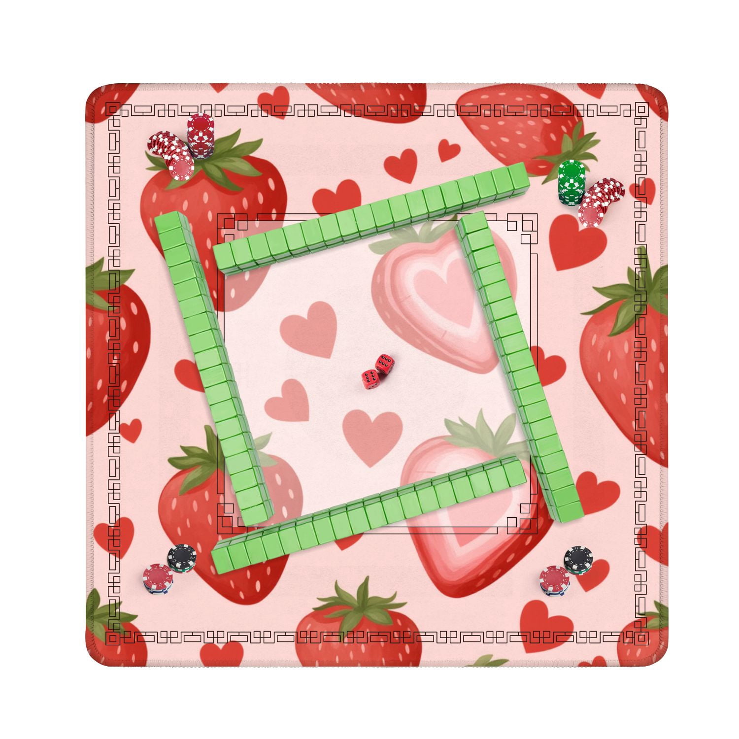 Mahjong Mat 31.5" x 31.5" Strawberry Heart Pastel Pink Non-Slip Noise Reduction American Mahjong Tiles Table Cover for Dominoes Poker Card Board Games Gift