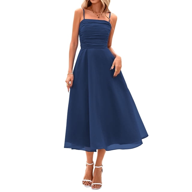 Vestido PRETTYGARDEN para mujer, de verano, con tirantes finos, midi, azul marino