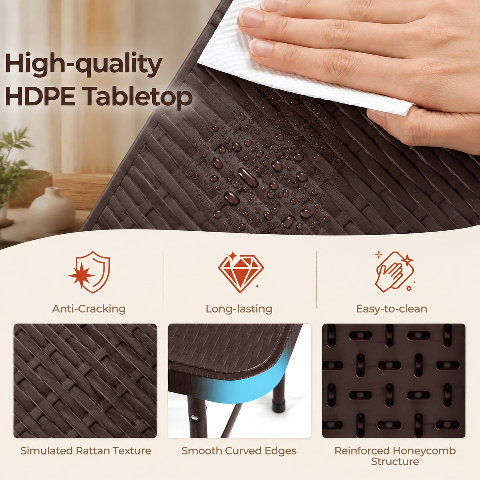 Furnibear 6 FT Plastic Fold in Half Camping Table Portable Folding Table with Carry Handle for Party Event Indoor Dining, Brown