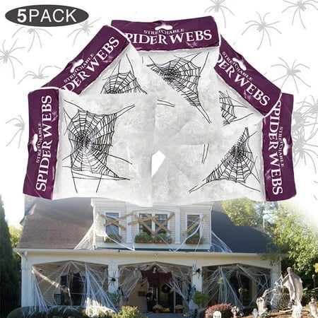 Halloween Fake Stretch Spider Web, Home & Outdoor Cobweb Decor Giant White Spiderwebs with Plastic Spiders for Haunted Houses Party Decorations (5 Pack, 800 (Best Way To Hang Fake Spider Webs)