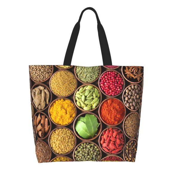 Pofeuu Spices And Herbs Print Reusable Grocery Bags - Washable, Foldable, Packable Tote, Large Handles, Heavy Duty, Zippered Top Pouch