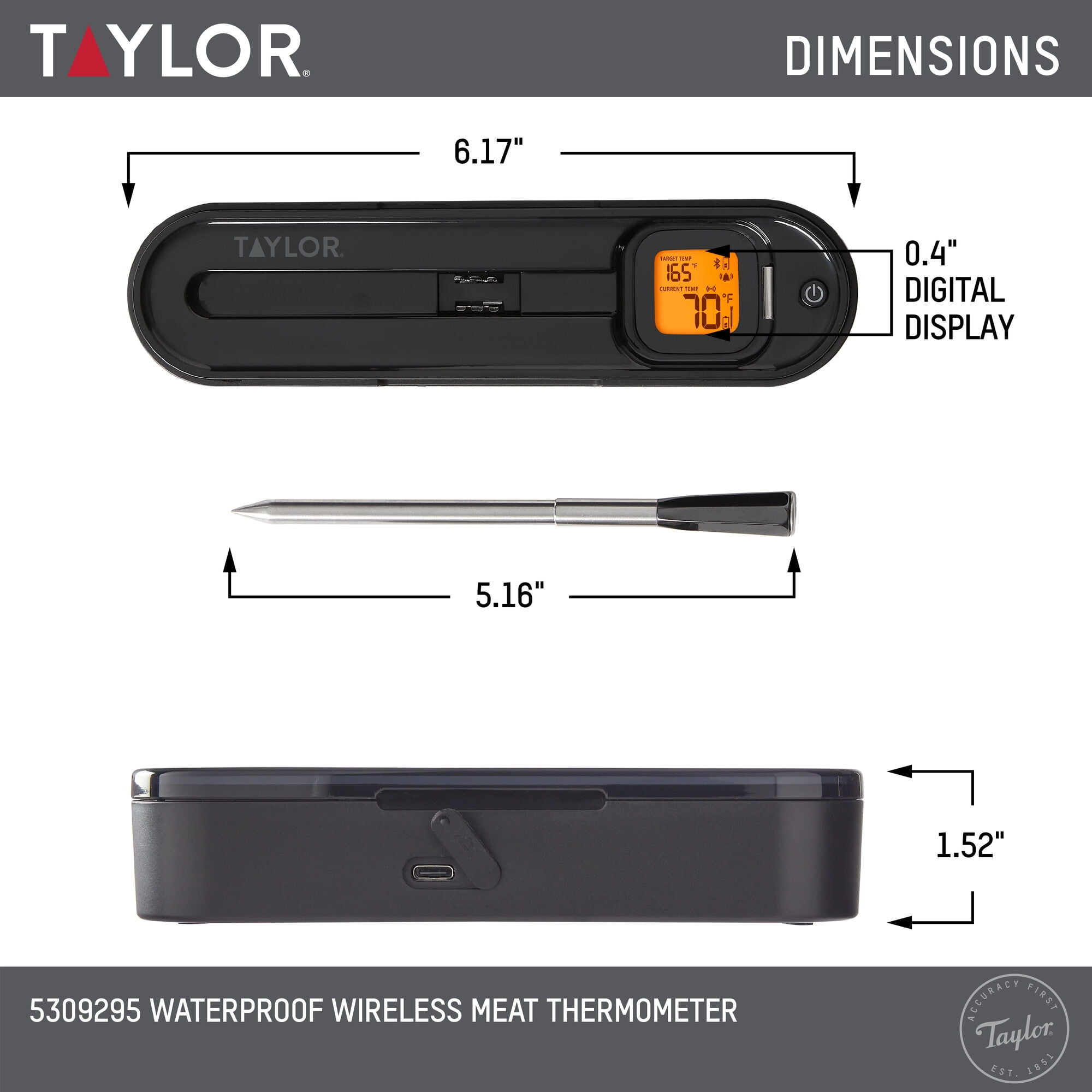 Taylor Waterproof Bluetooth Digital Wireless Grill and Meat Thermometer with Smart Probe Black