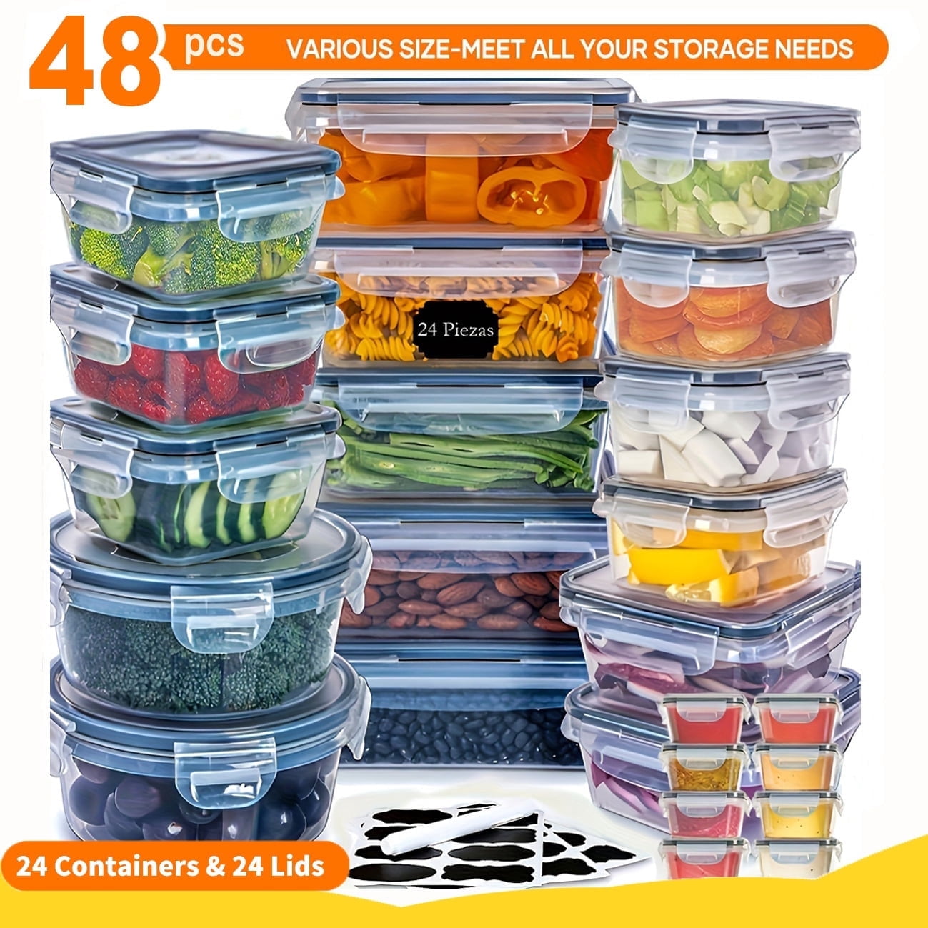 48-Piece Deluxe Food Storage Containers Set - Airtight, BPA-Free, Easy-Snap Lids, and Stackable - Includes 24 Containers, 24 Lids, Free Labels, and Marker for Pantry and Kitchen Organization