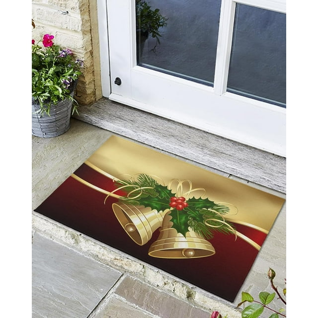 Front Door Mat, Non - Slip Absorbent Door Entry Mats, Doormats Indoor/Outdoor Entrance Small Rugs, Christmas Bell Xmas Holiday Decorations Doormat - Easy to Clean Floor Mats for Home 18x30 Inch