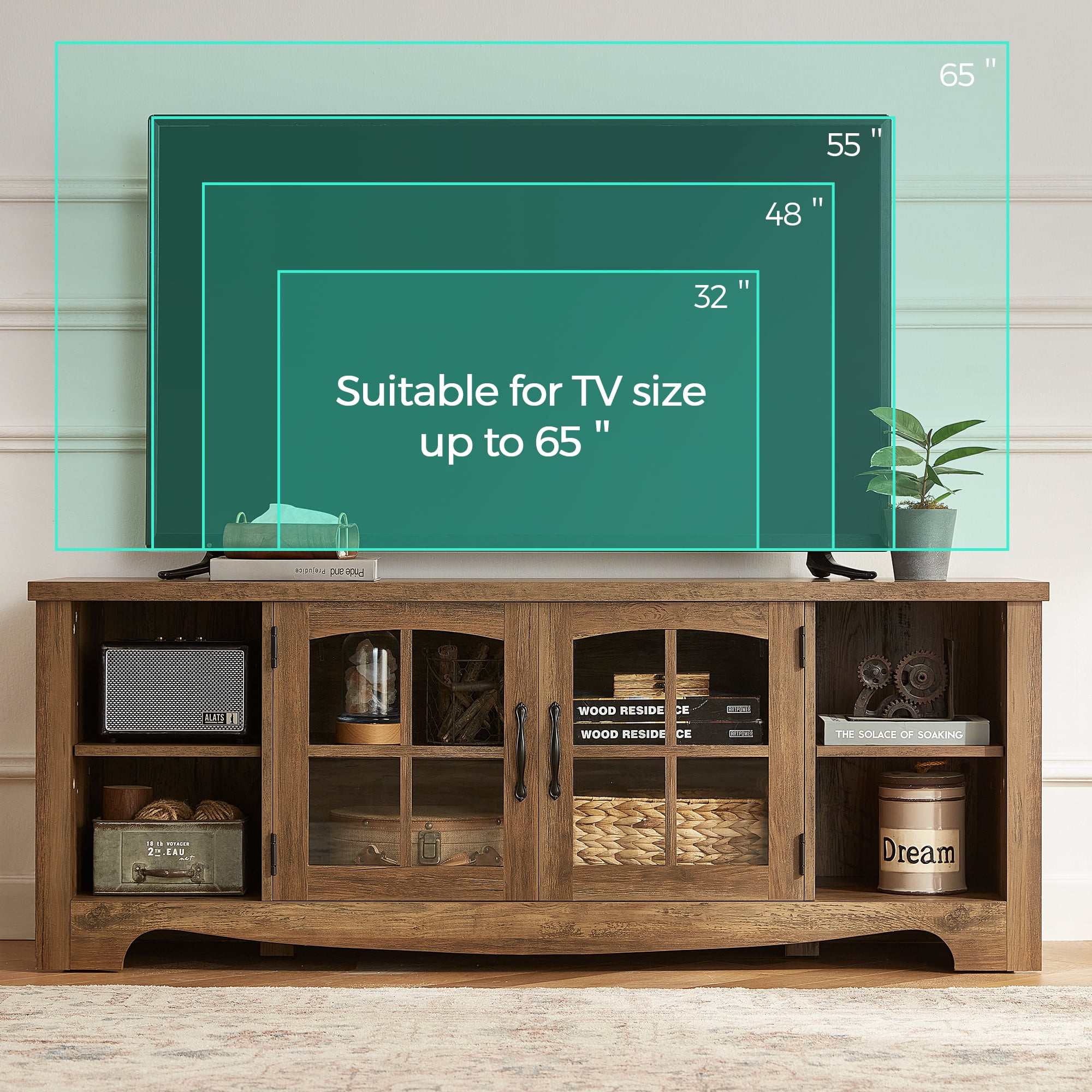 LINSY HOME Modern Farmhouse TV Stand for TVs up to 65",Home Entertainment Center with Storage Cabinet and Adjustable Shelves,Brown