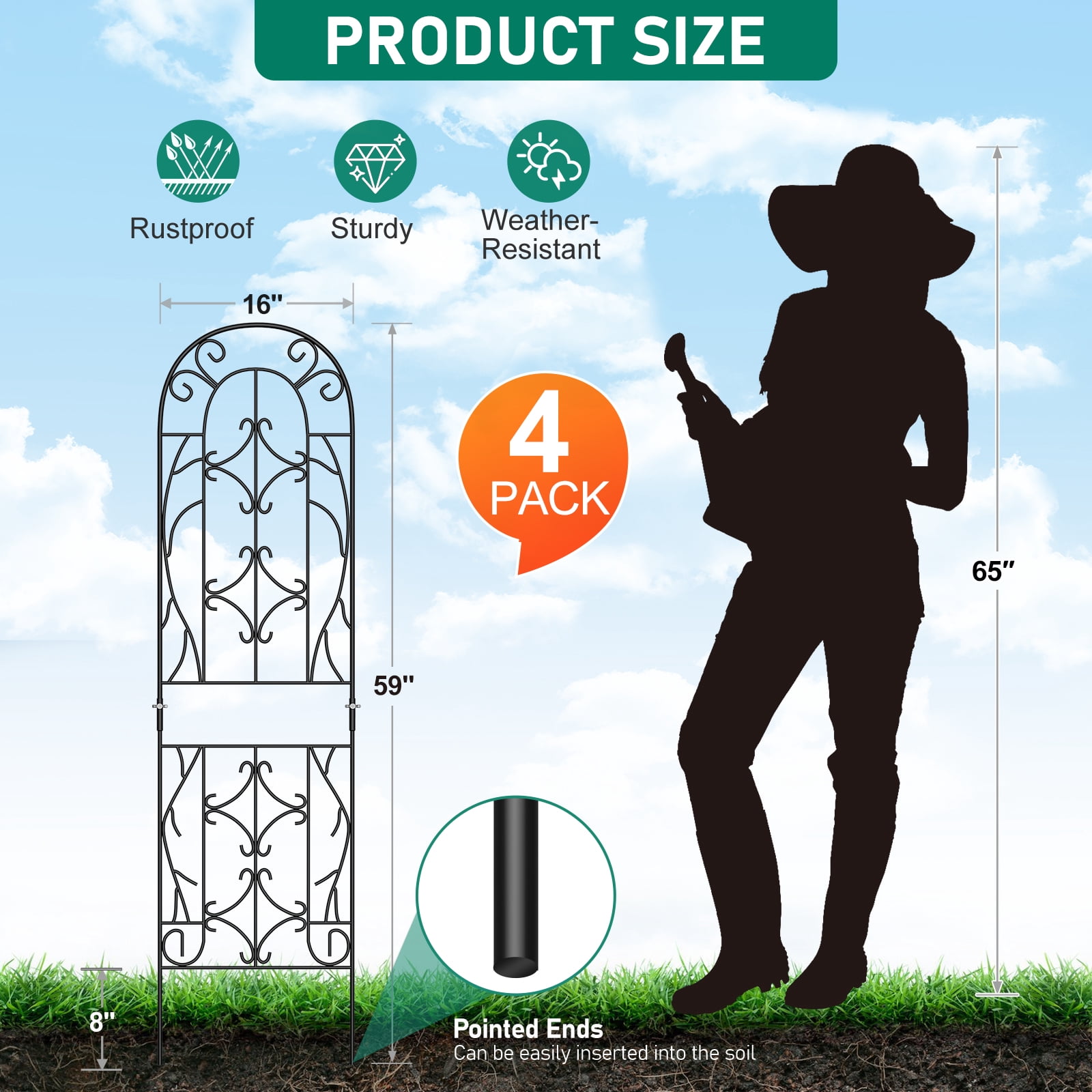4 Pack Black Garden Trellis for Climbing Plants 60" x 16" Iron Plant Trellis for Potted Plant Support Tall Wall Metal Trellis for Climbing Vegetable Flower Rose Vine Cucumber