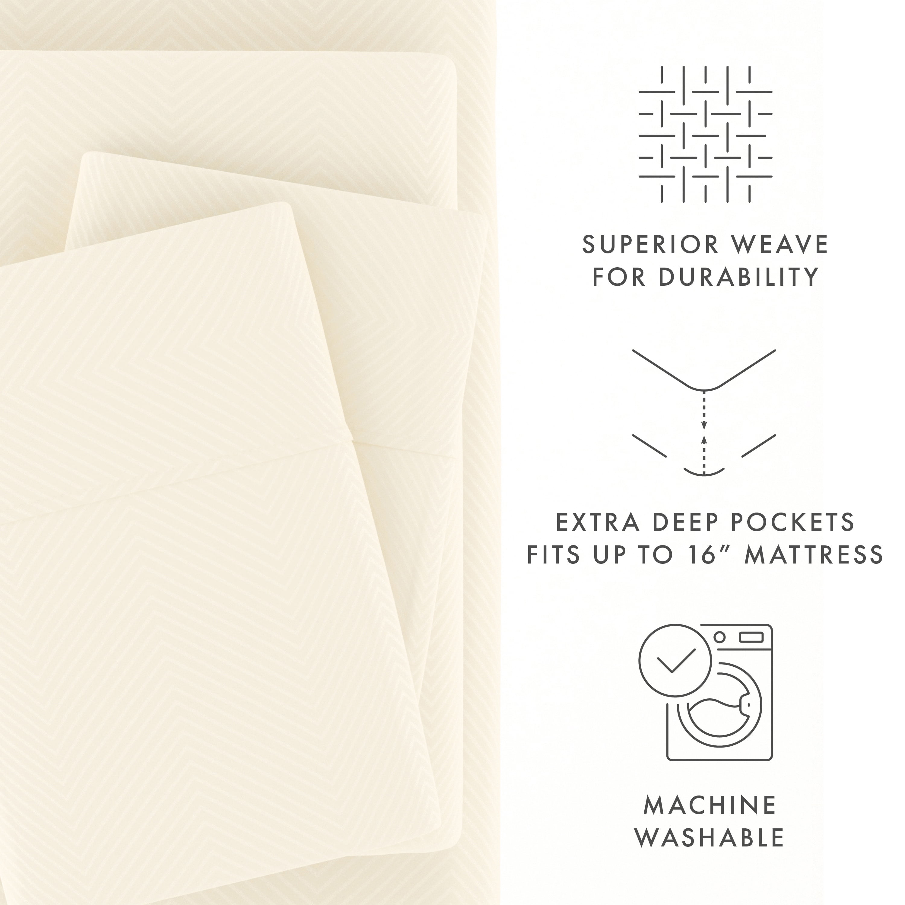 Noble Linens 4 Piece Ivory Chevron Embossed Bed Sheet Set, CalKing