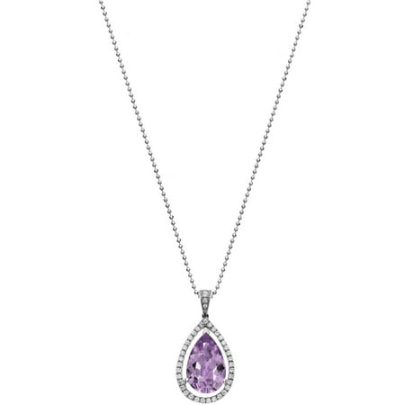 5th & Main Platinum-Plated Sterling Silver Slender Teardrop-Cut Amethyst Pave CZ Pendant Necklace