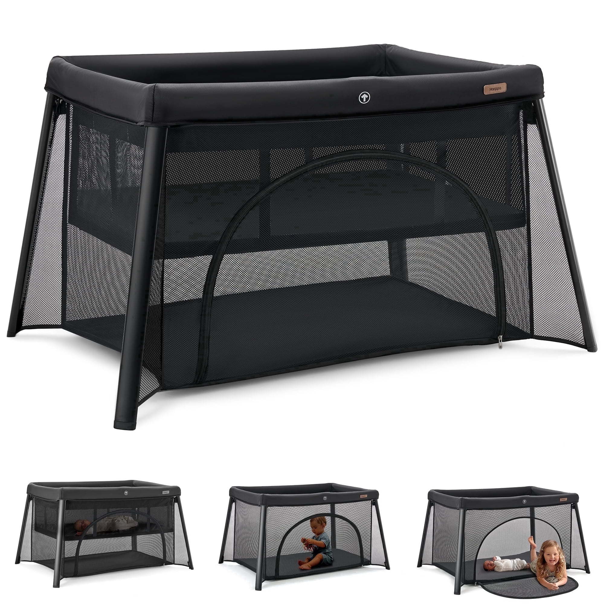 HARPPA Portable Travel Crib with Mattress, Foldable Playard for Baby and Toddler, 16.42lbs, Black
