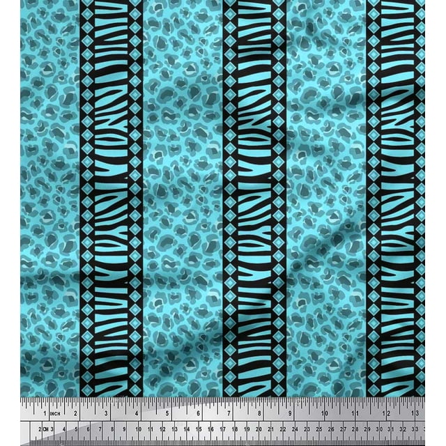 Soimoi Blue Satin Silk Fabric Stripe,Leopard & Wild Animal Skin Decor Fabric Printed BTY 42 Inch Wide