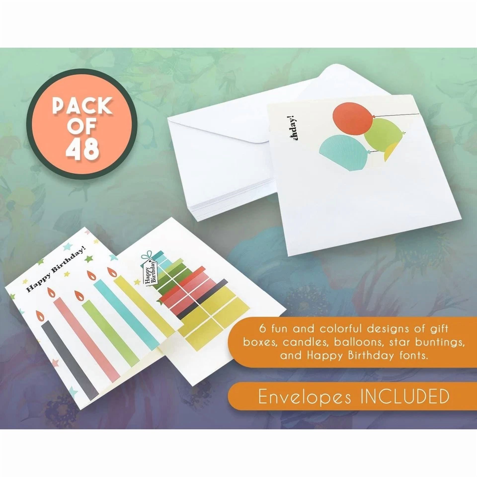 CIRCLE- 48 Pack Blank Birthday Cards With Envelopes Bulk, 6 Designs (4X6 In)