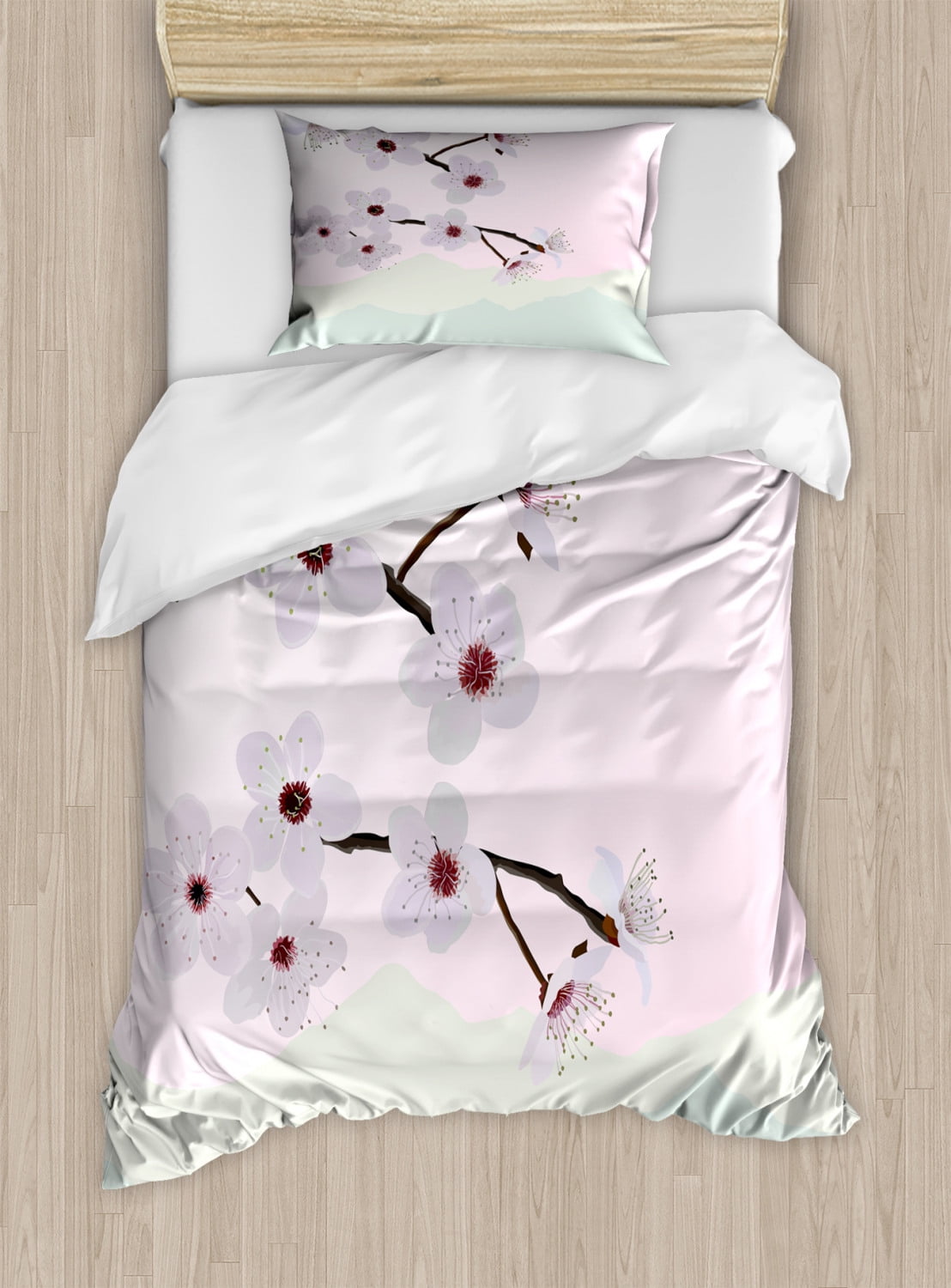 Almond Blossom Duvet Cover Set Twin Size, Almond Flower Motifs with Trees on Mountainside