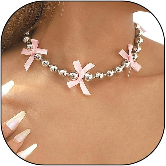 Ribbon Bow Ball Chain Choker Necklace,Y2k Black Bow Tie Round Beaded Collarbone Necklace for Women,Unique Trendy Jewelry Gift