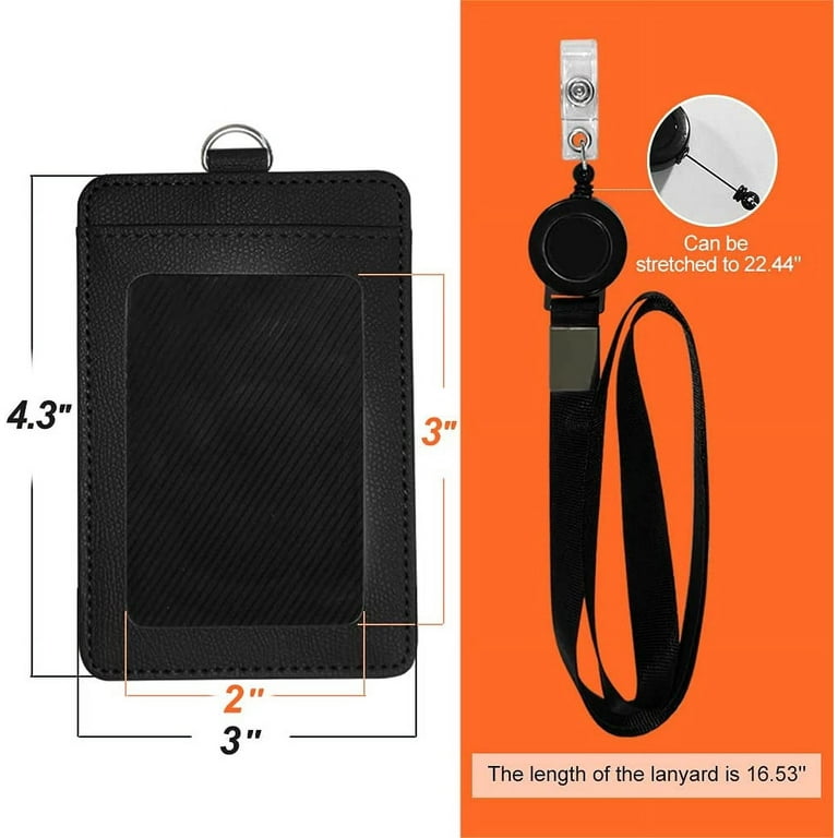 Black ID Badge Holder with Lanyard, Vertical PU Leather ID Badge Card Holder  with 1 Clear ID Window, 4 Credit Card Slots and a Detachable Neck Lanyard  for Office School Student 