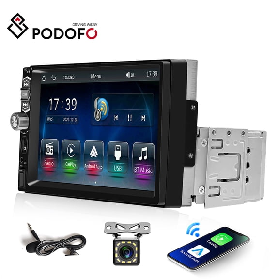 Podofo 7 in Single Din Car Stereo Radio Wireless Apple CarPlay Android Auto Mirror Link
