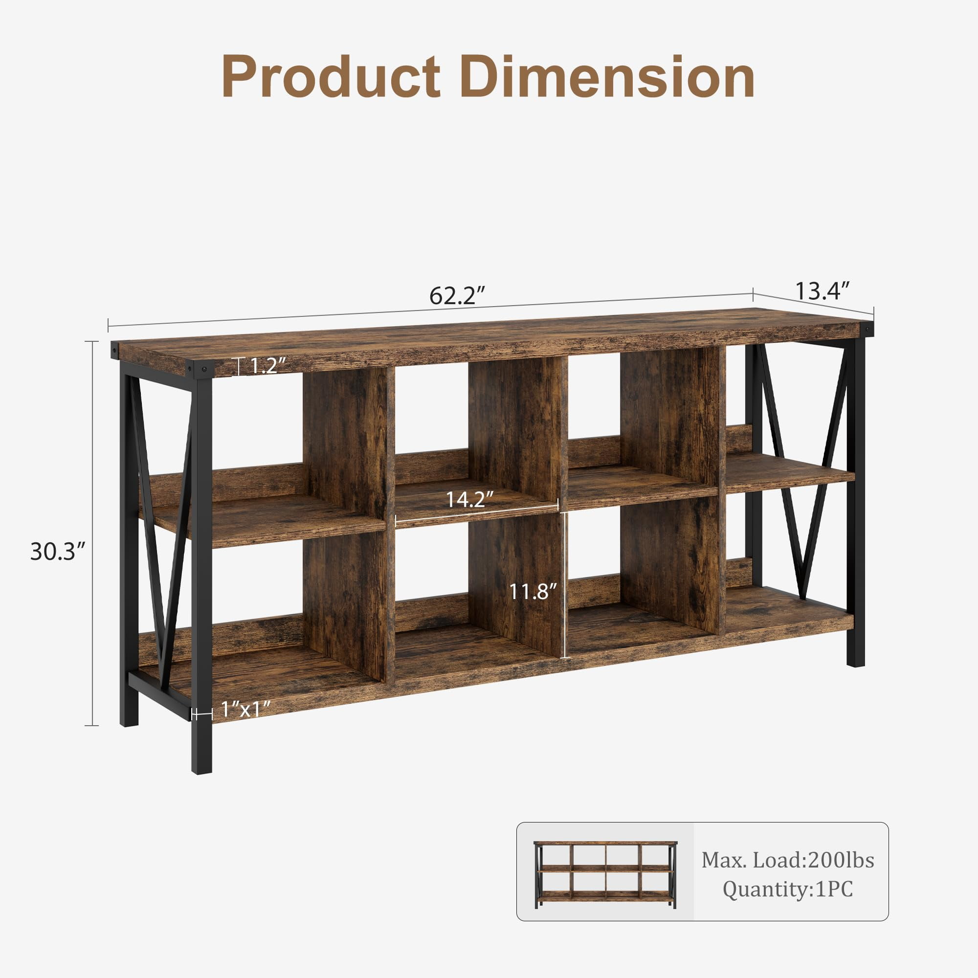 TROPOW 8 Cube Storage Organizer, 3 Tier Metal Horizontal Bookcase, 62 Inch Console, Industrial Storage for Entryway, Long Low Bookshelf for Living Room - Retro Brown
