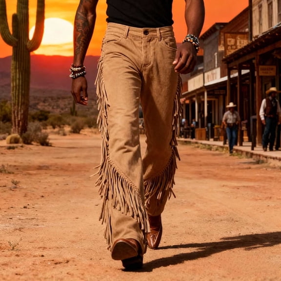 Trikvn Fringe Pants Men Western Cowboy Flare Fashion Y2K High Waist Baggy Pants Casual Vintage Tassels Streetwear Trousers with Pockets
