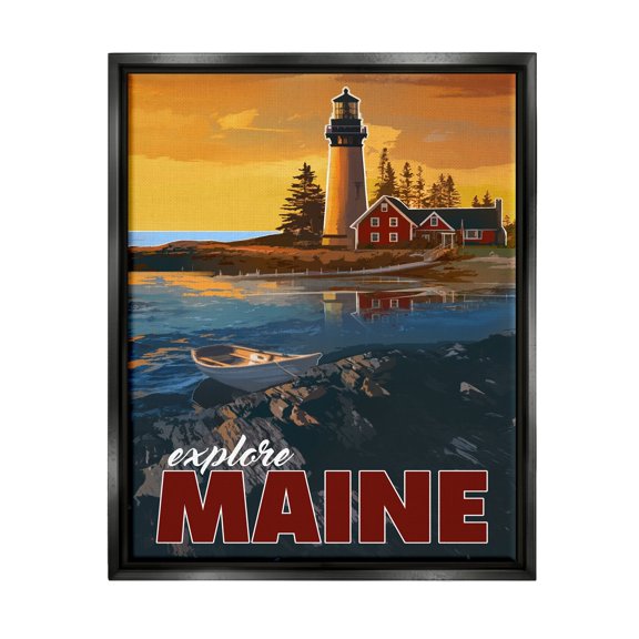 Stupell Industries Explore Maine Distant Ocean Lighthouse Beacon Travel Graphic Art Jet Black Floating Framed Canvas Print Wall Art, Design by David Owens Illustration
