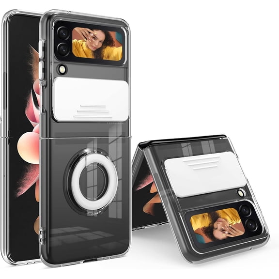 Clear Phone Case for Samsung Z Flip 3 with Camera Cover,Len Protection Phone Case with Ring Holder Stand for Galaxy Z flip 3 5G 2021 Cover,Black Clear,White