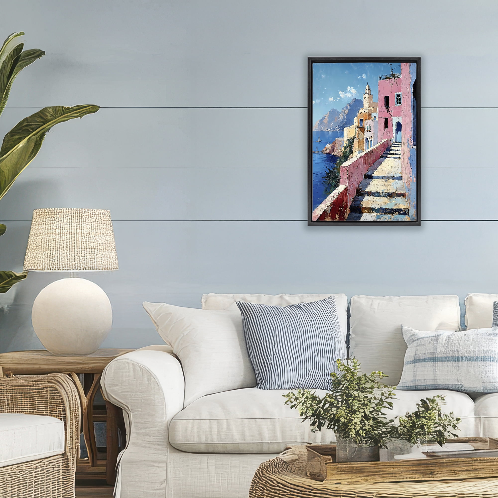 Stupell Industries Coastal Village's Sunlit Pathway Black Framed Floater Canvas Wall Art, design by Creative Studio
