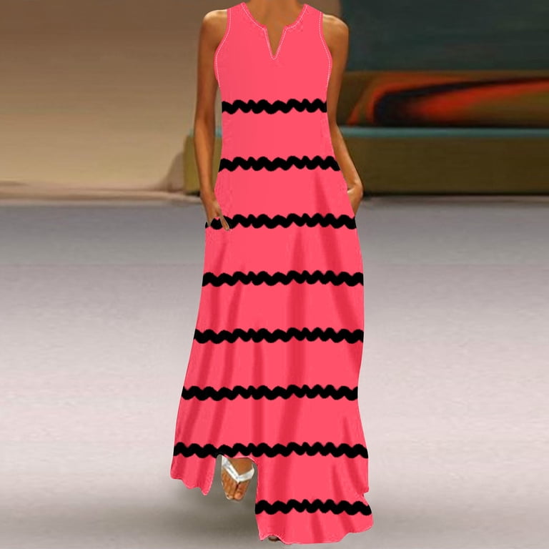 AKOEE Striped Tank Dress for Women Summer Casual Beach Sleeveless V Neck Maxi Long Dress with 2 Pockets Sundress (Small, Dark Gray), Women's