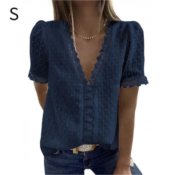 Camiseta de mujer Encaje Cuello en V Camisa de manga corta Blusa Top casual, Azul marino, S kenally AP001454-16