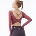 thumbnail image 4 of Yoga de manga corta con copa integrada, Tops cortos, cultivos de gimnasia, Pilates, entrenamiento, ropa deportiva activa, espalda entrecruzada, 4 of 5