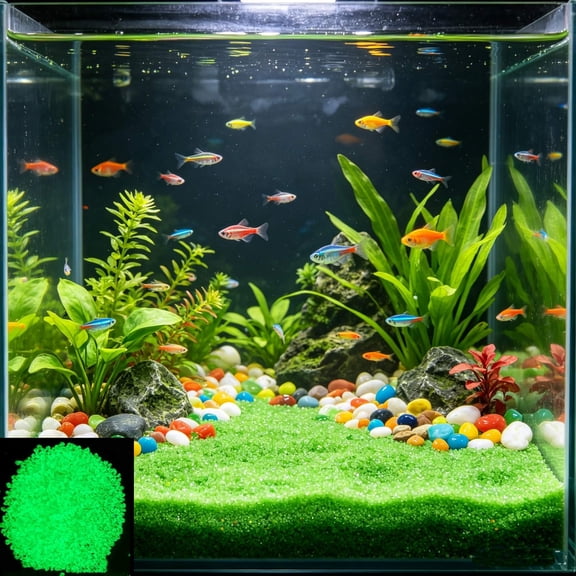 Glowing Aquarium Gravel, Luminous Fish Tank Sand, Noctilucent Substrate for Bettas and Shrimp, Decorative Stones, 2000 Grains, Multicolor, 3-5mm
