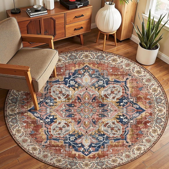 Round Rug 6ft Boho Area Rug for Living Room Bedroom Dining Room Washable Multi Circle Rug 6' Round Deerly Vintage Faux Wool Non-Slip Low-Pil