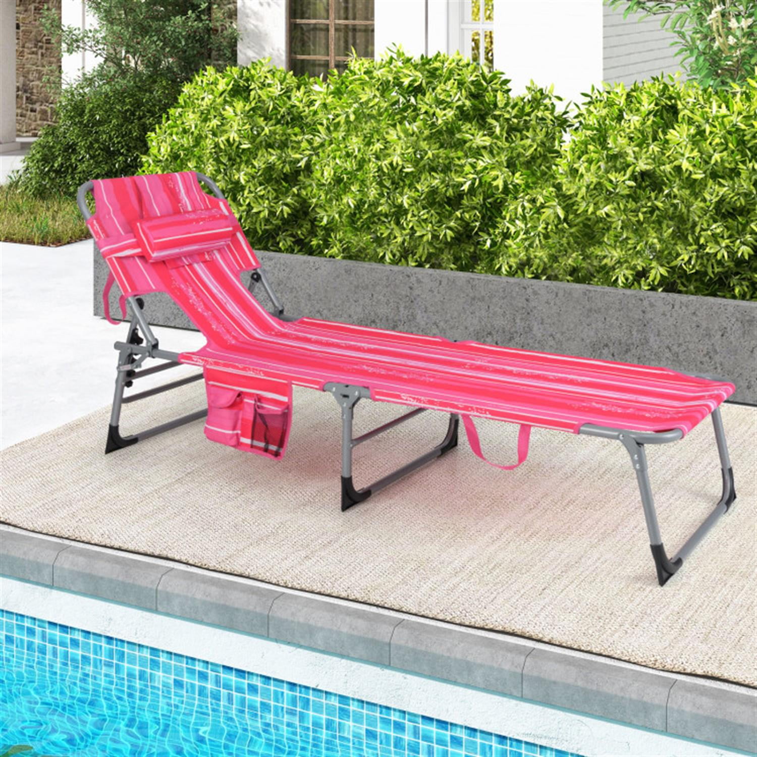Demi Bonn Patio Folding Beach Lounge Chair with Pillow for Outdoor Pool, Sunbathing and Reading on Stomach, Pink